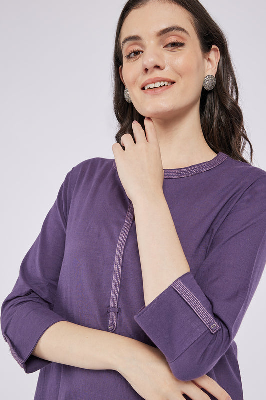 Span Purple Mandarin Cotton Casual Kurta