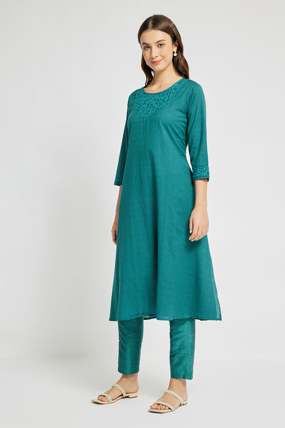 Span Green Round Neck Cotton Casual Kurta