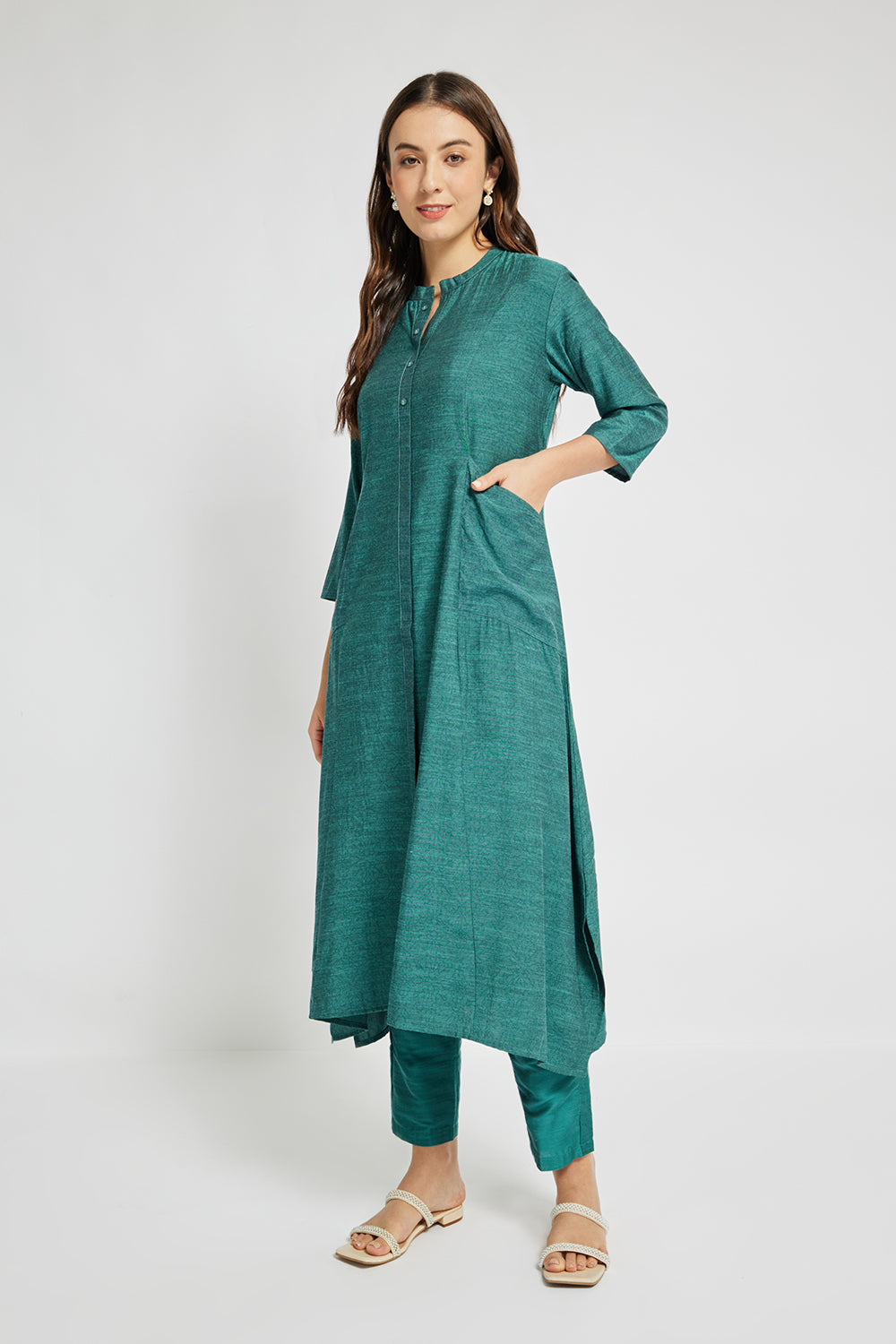 Span Green Mandarin Cotton casual Kurta