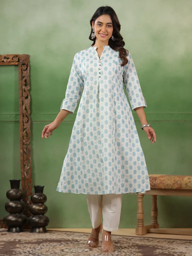Span White Mandarin Cotton Kurta Set