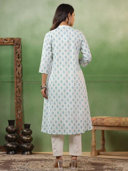 Span White Mandarin Cotton Kurta Set