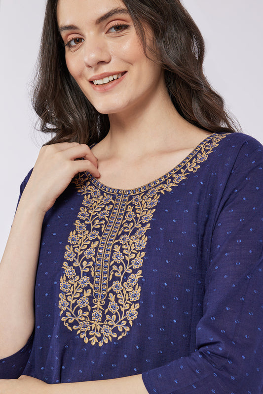 Span Blue Round Neck Cotton Kurta