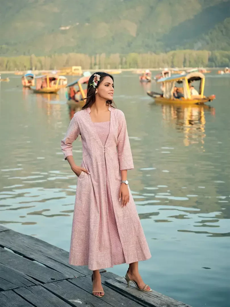 Span Pink Lavender Jacket Style Cotton Summer Kurta