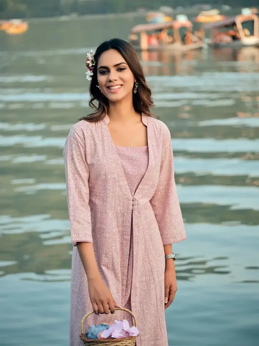 Span Pink Lavender Jacket Style Cotton Summer Kurta