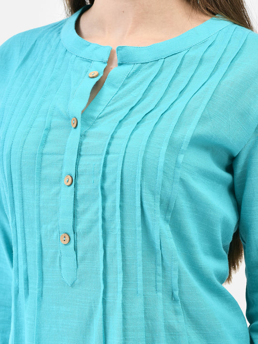 Span Blue Mandarin Cotton Short Kurta