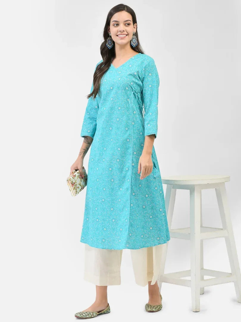 Span Blue V-Neck Cotton Kurta