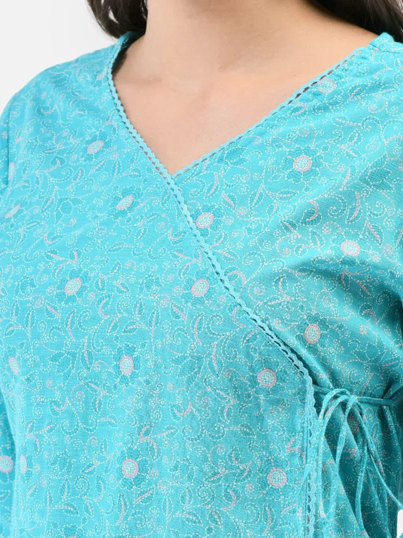 Span Blue V-Neck Cotton Kurta