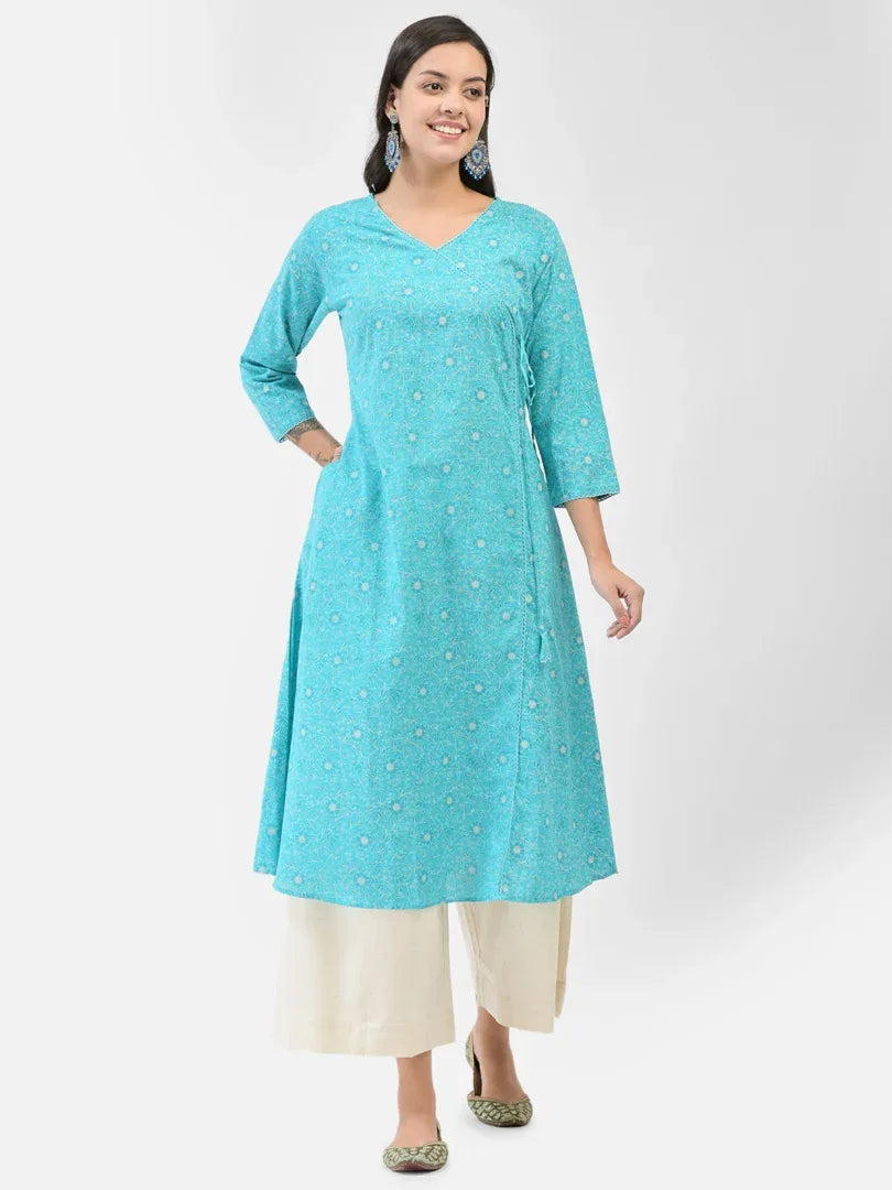 Span Blue V-Neck Cotton Kurta