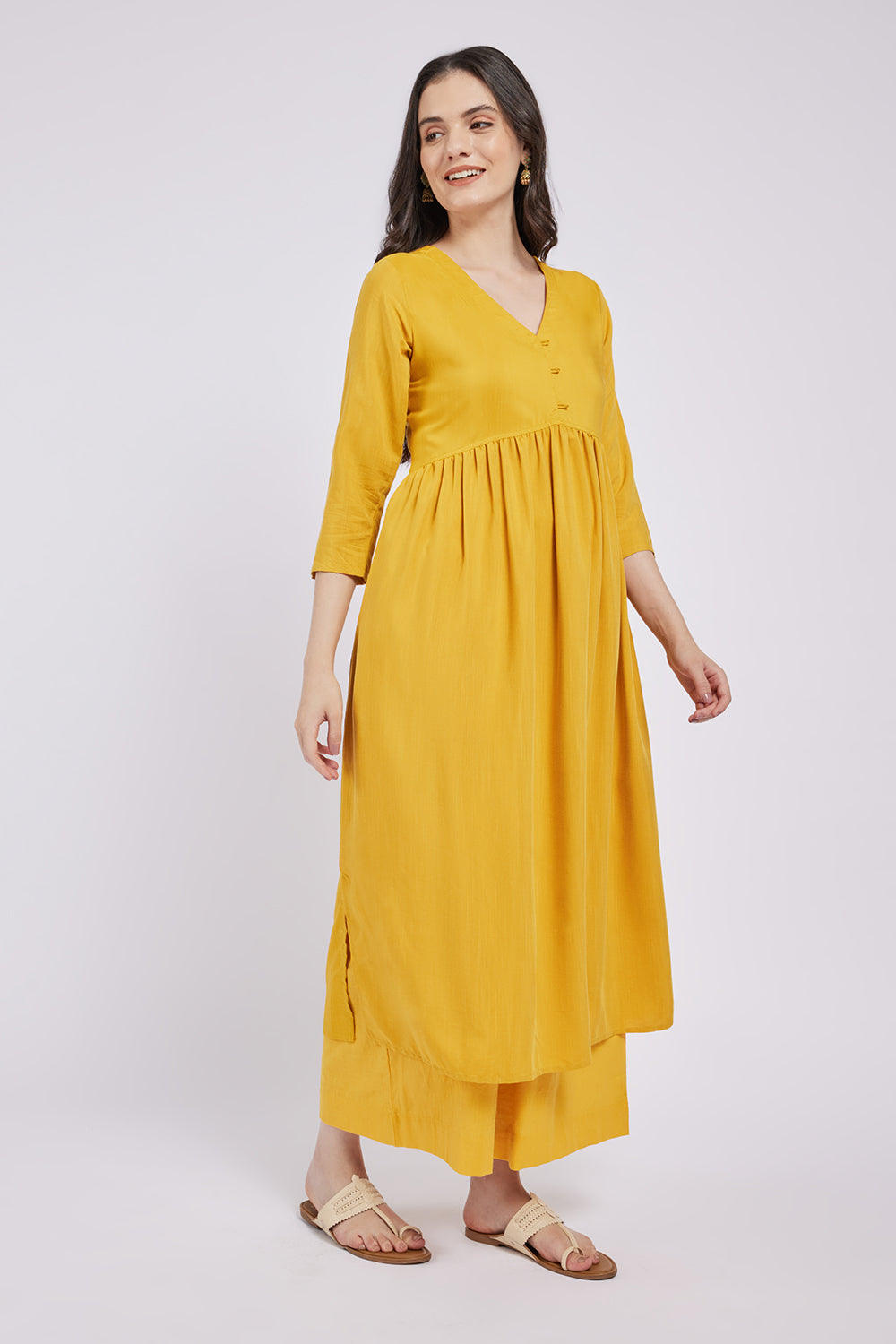 Span Yellow V Neck Cotton Kurta