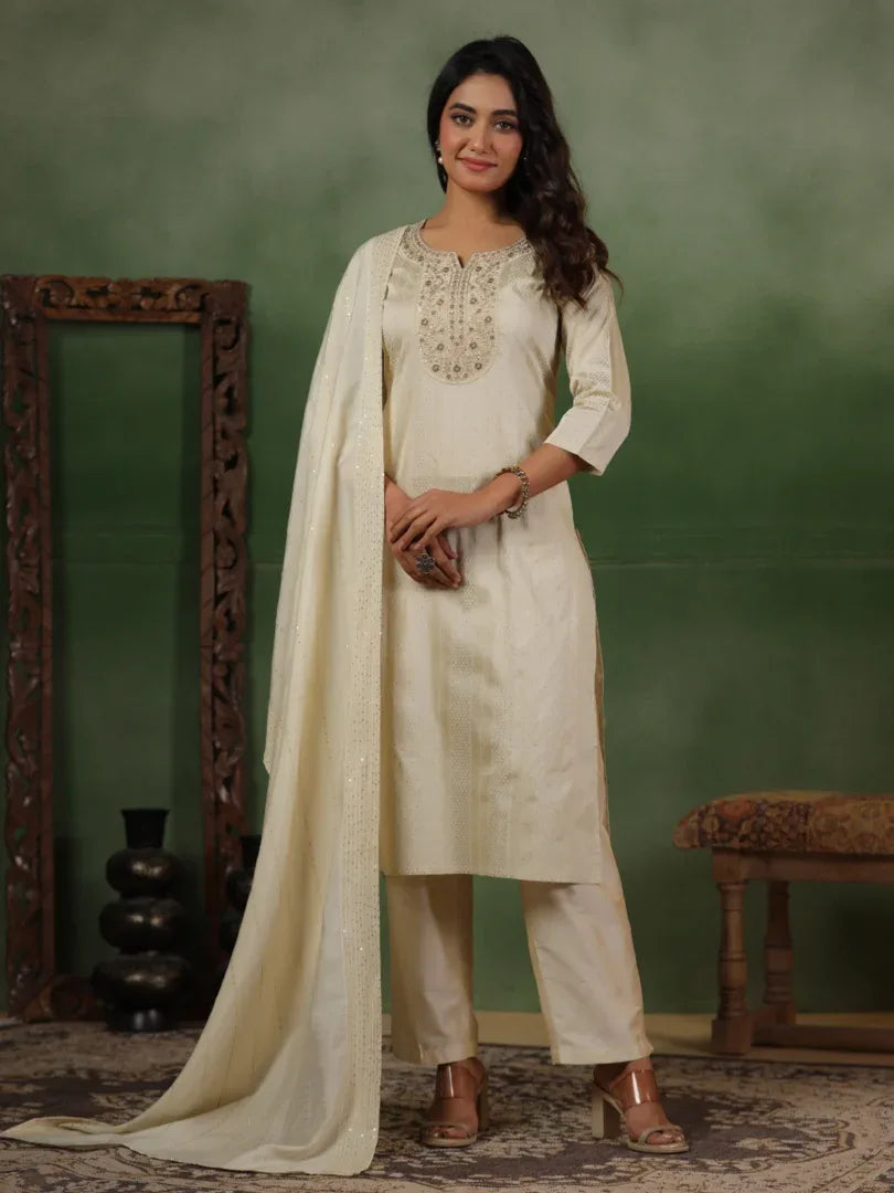Span White Silk Kurta Set with Dupatta