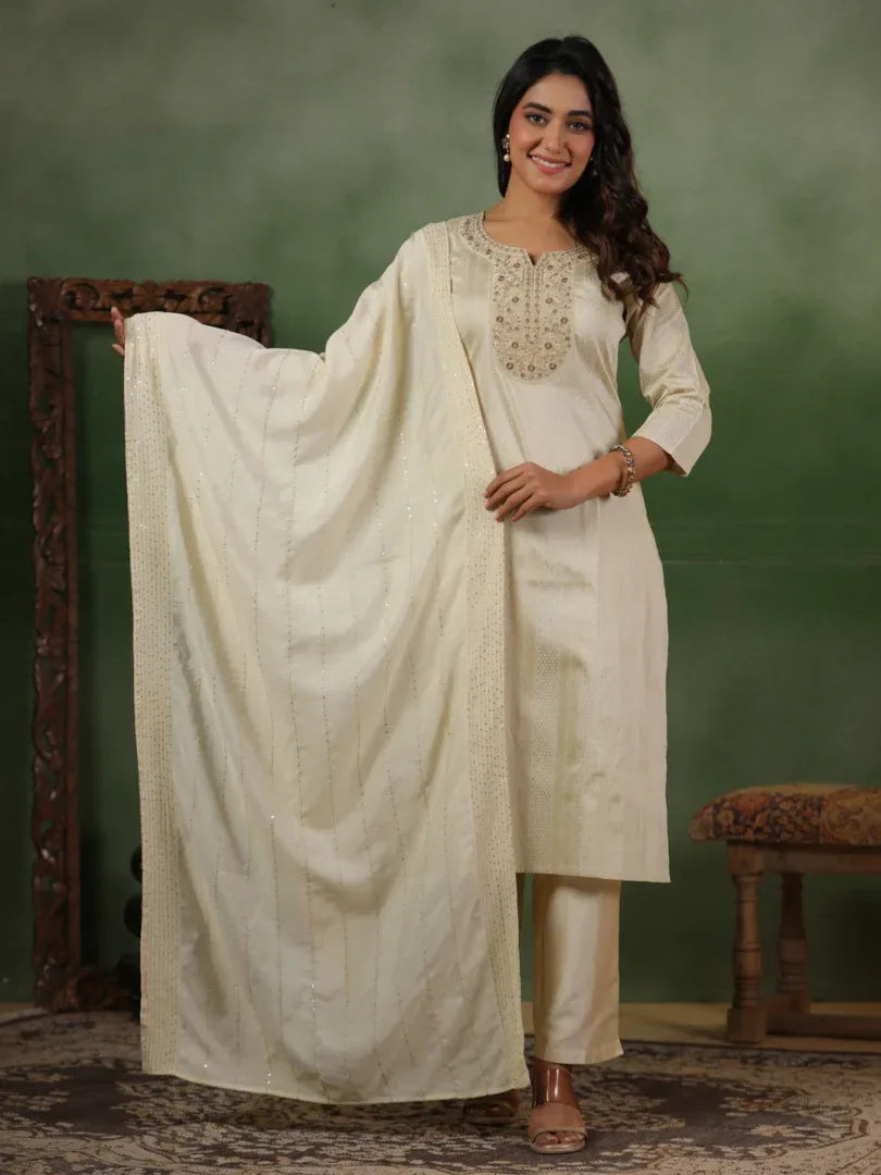 Span White Silk Kurta Set with Dupatta