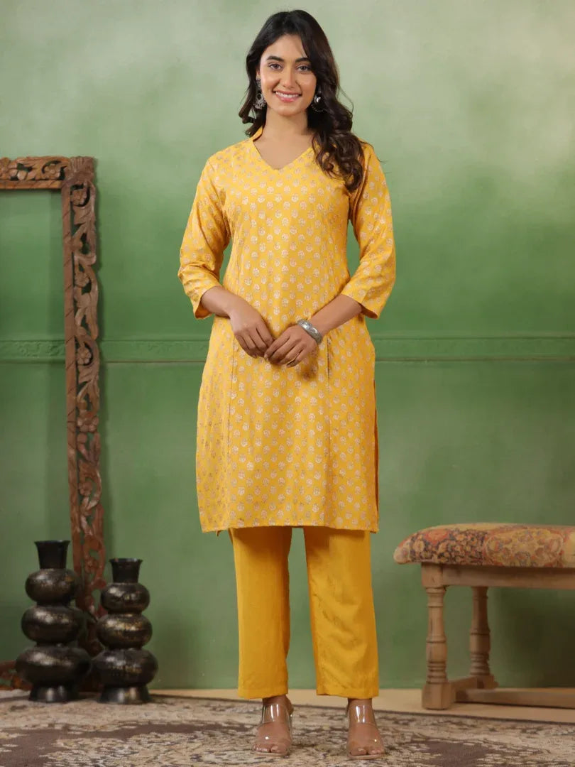 Span Yellow V-Neck Festive Co-Ord Set