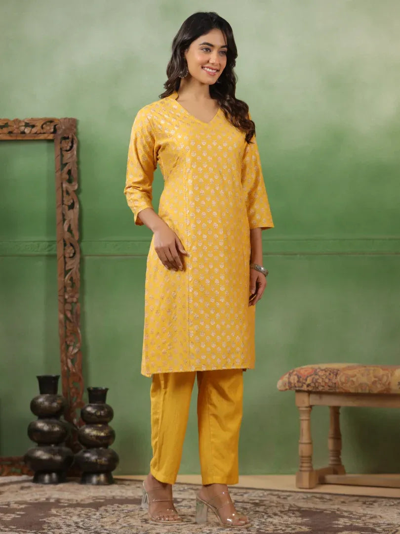 Span Yellow V-Neck Festive Co-Ord Set