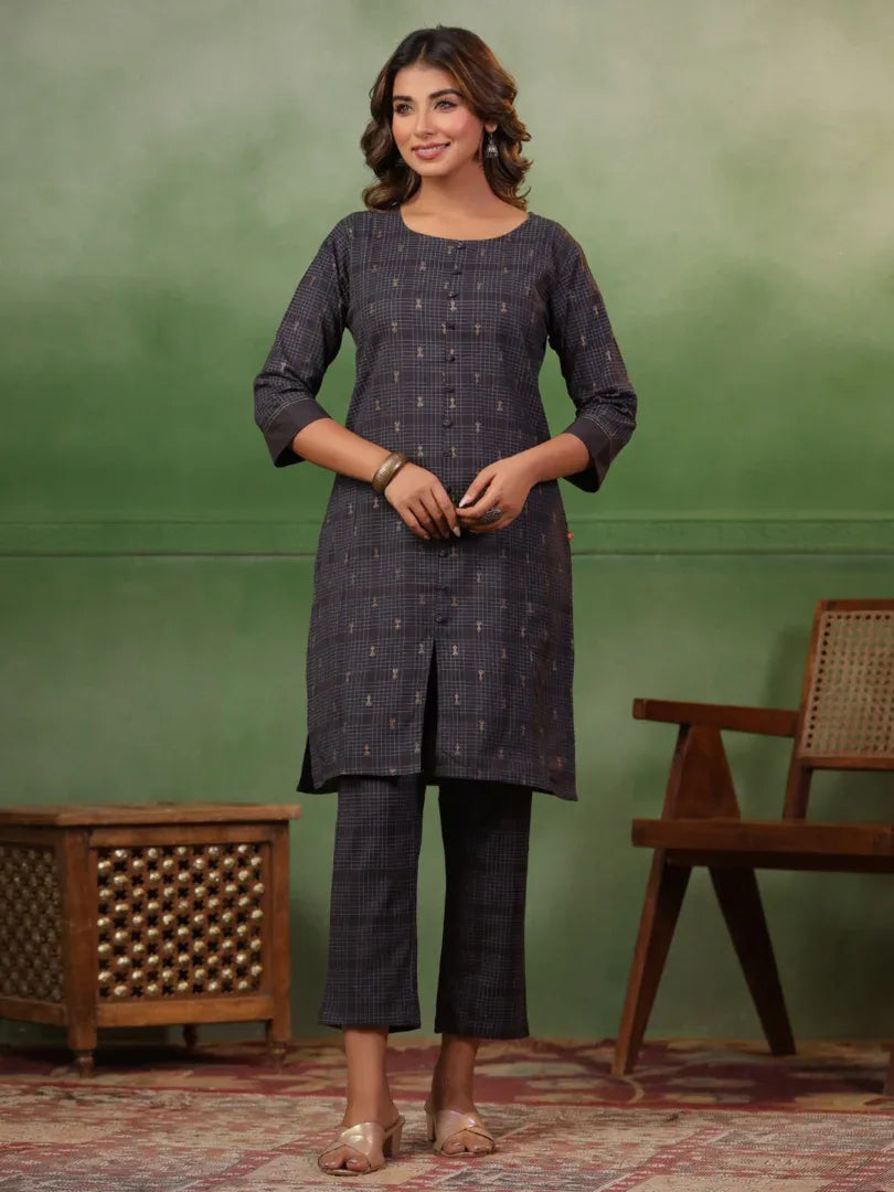 Span Grey Round Neck Kurta Set