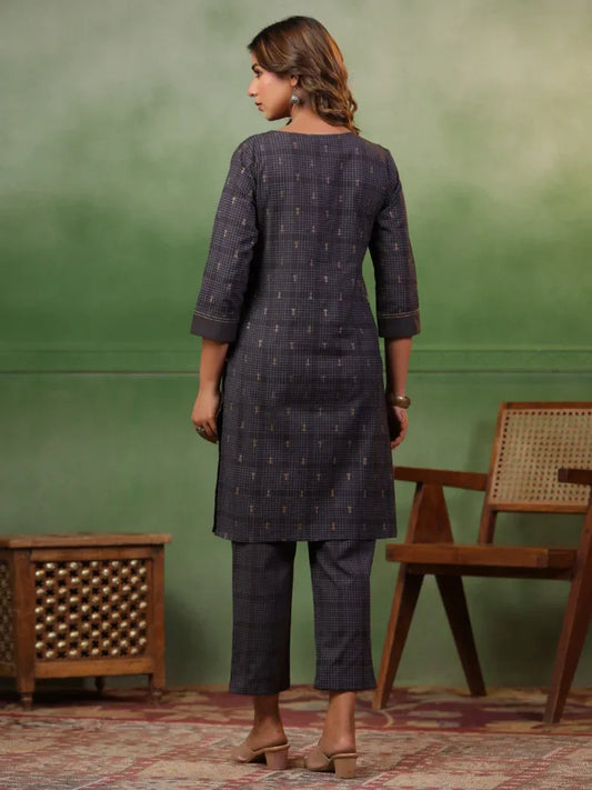 Span Grey Round Neck Kurta Set