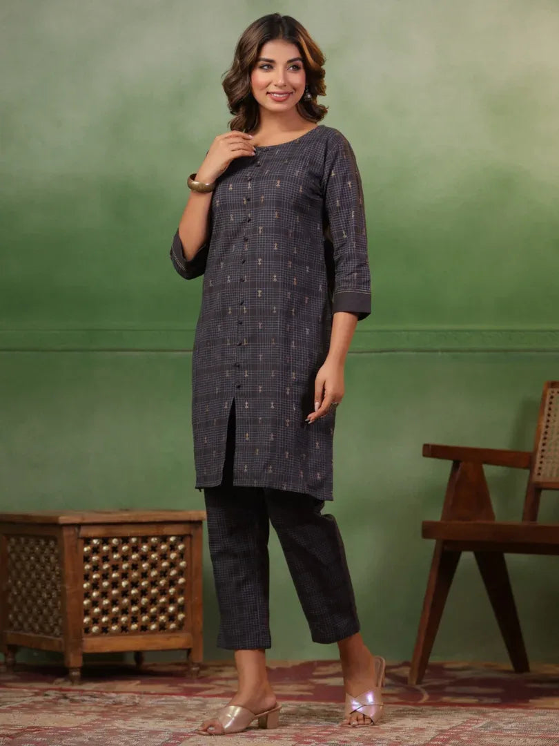 Span Grey Round Neck Kurta Set