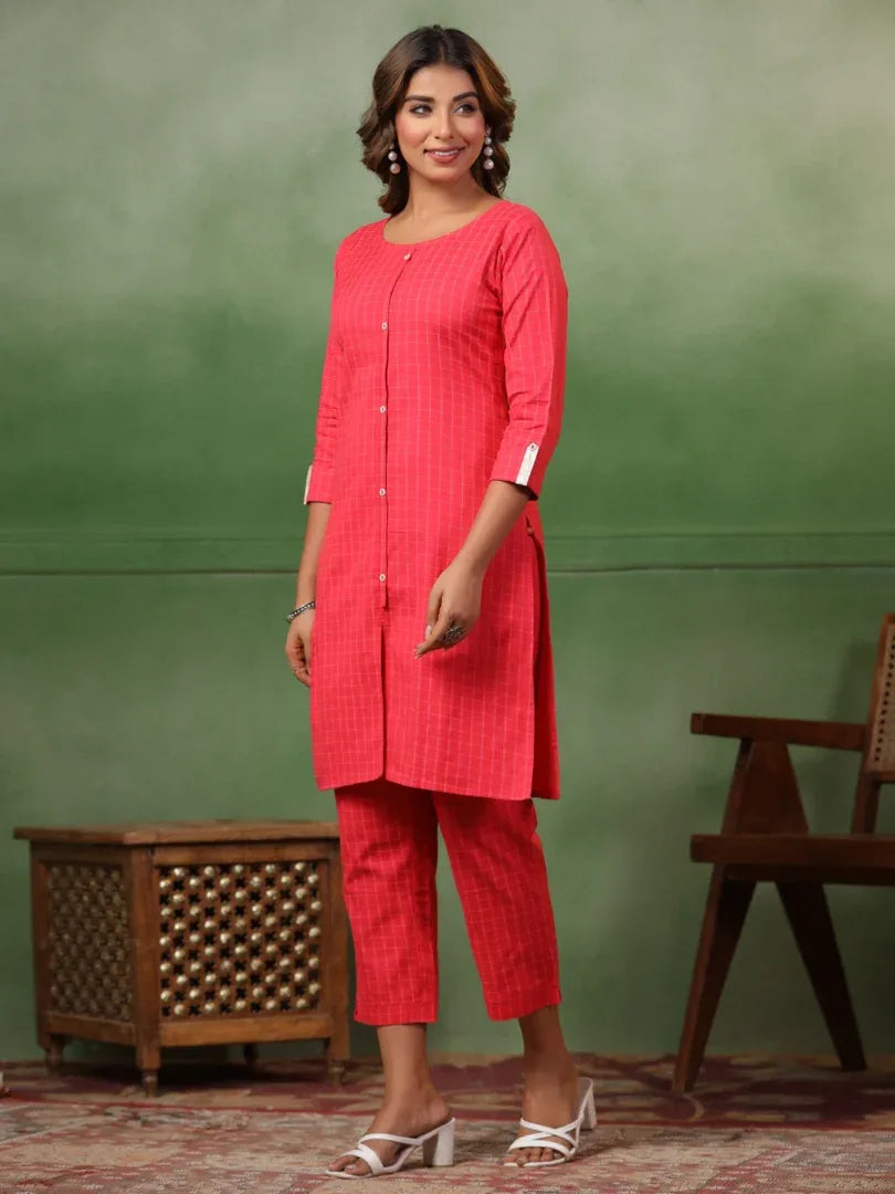 Span Pink Round Neck Kurta Set