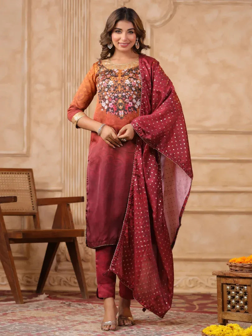 Span Maroon Round Neck Kurta Set with Dupatta