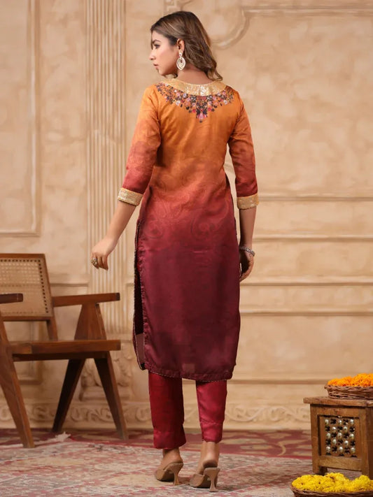 Span Maroon Round Neck Kurta Set with Dupatta