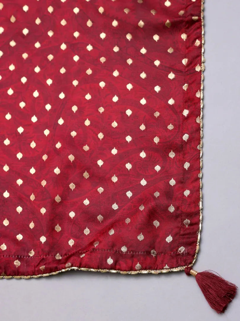 Span Maroon Round Neck Kurta Set with Dupatta
