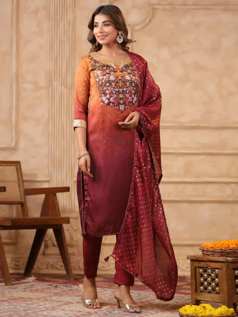 Span Maroon Round Neck Kurta Set with Dupatta