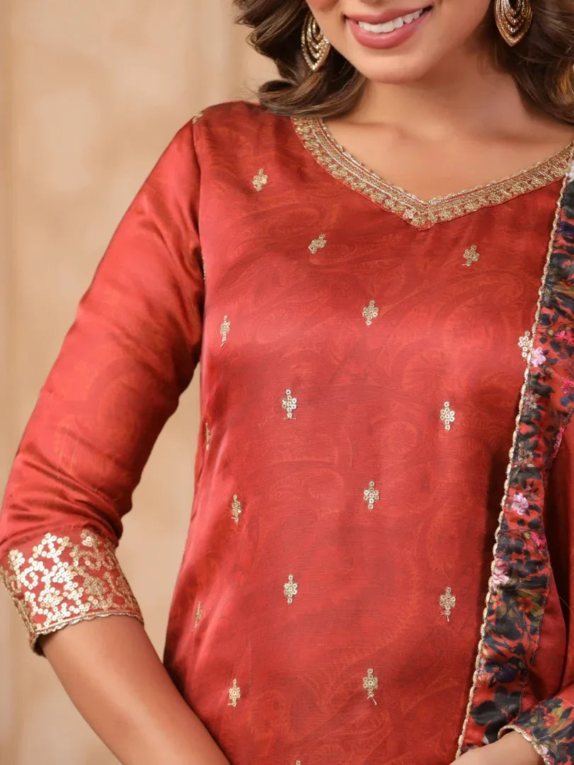 Span Red Round Neck Kurta Set with Dupatta