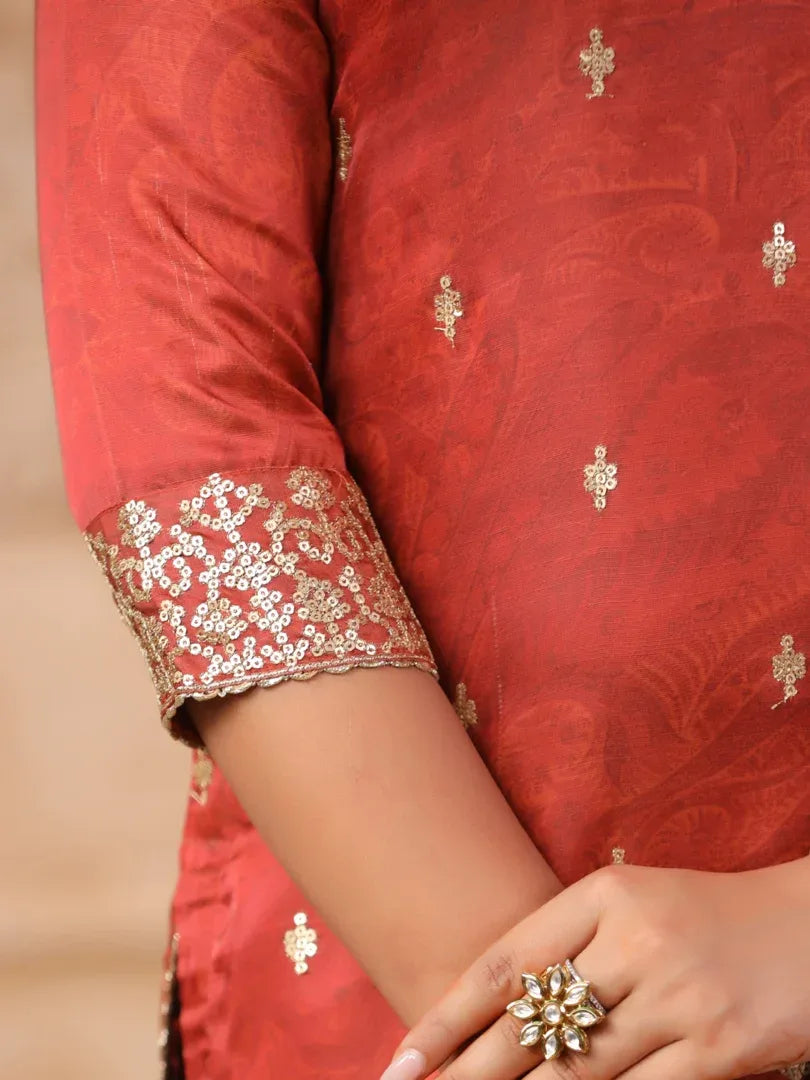 Span Red Round Neck Kurta Set with Dupatta