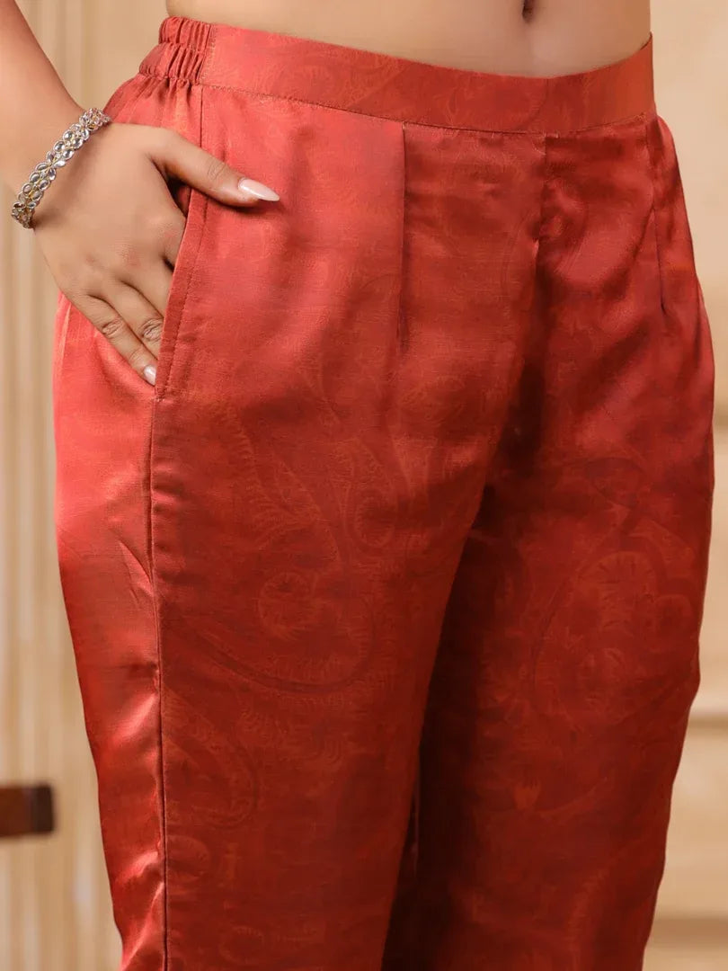 Span Red Round Neck Kurta Set with Dupatta