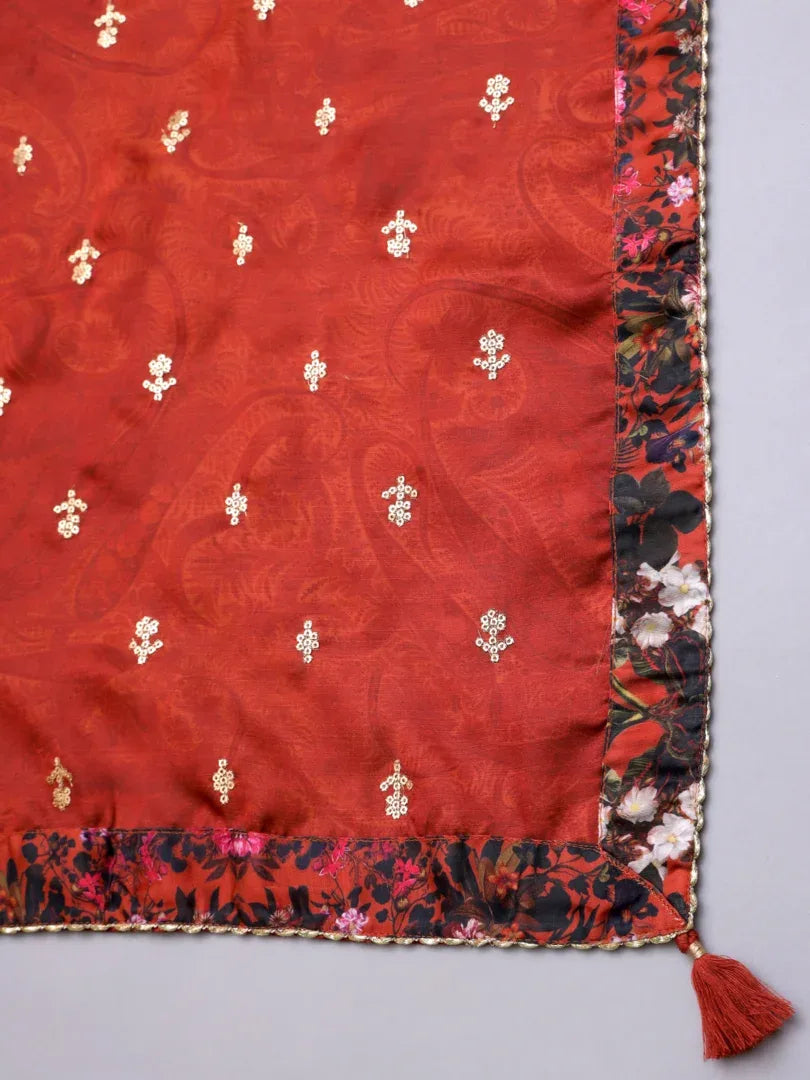 Span Red Round Neck Kurta Set with Dupatta
