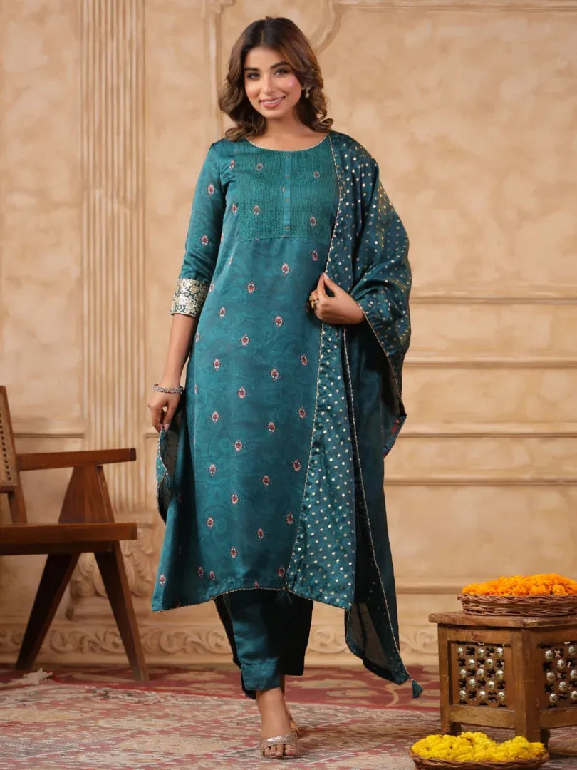 Span Green Round Neck Kurta Set with Dupatta