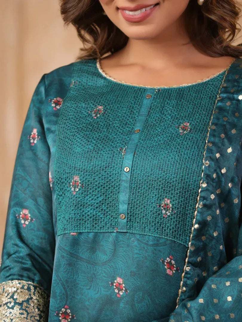 Span Green Round Neck Kurta Set with Dupatta