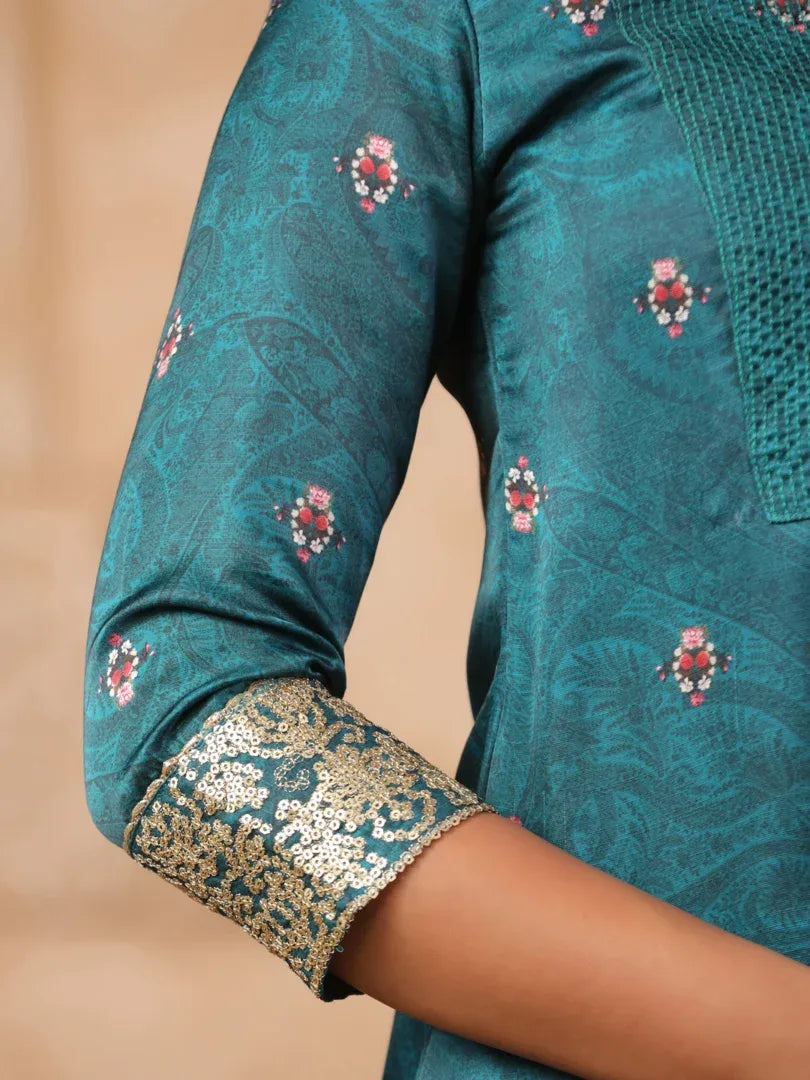 Span Green Round Neck Kurta Set with Dupatta