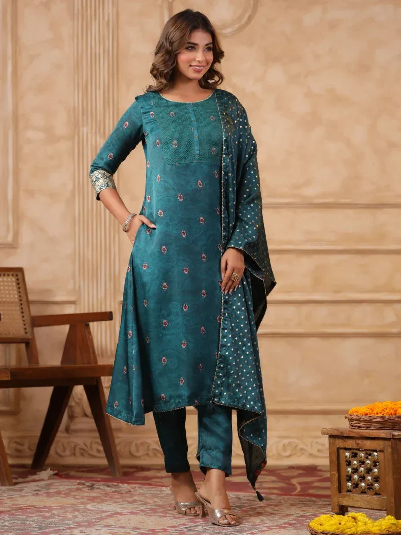 Span Green Round Neck Kurta Set with Dupatta