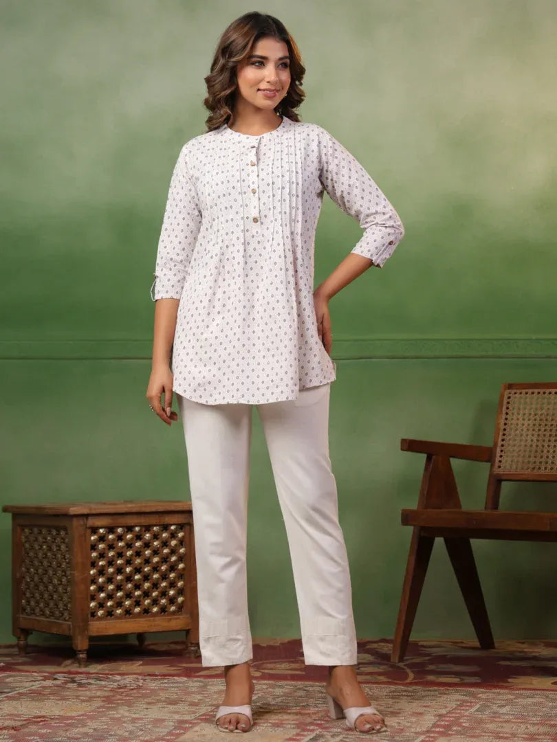 Span White Mandarin Co-Ord Set ( Set of 2)