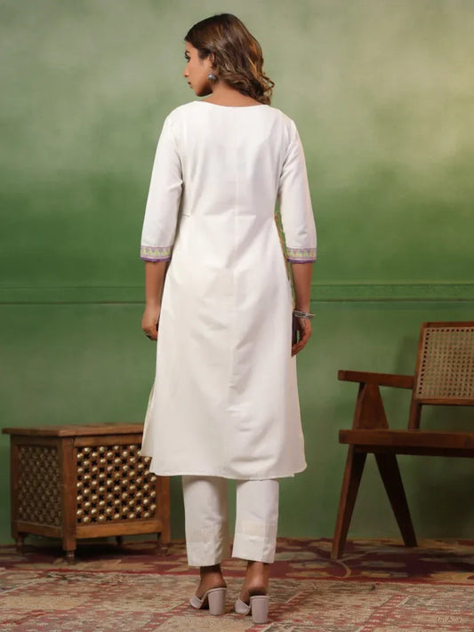 Span White Round Neck Kurta Set
