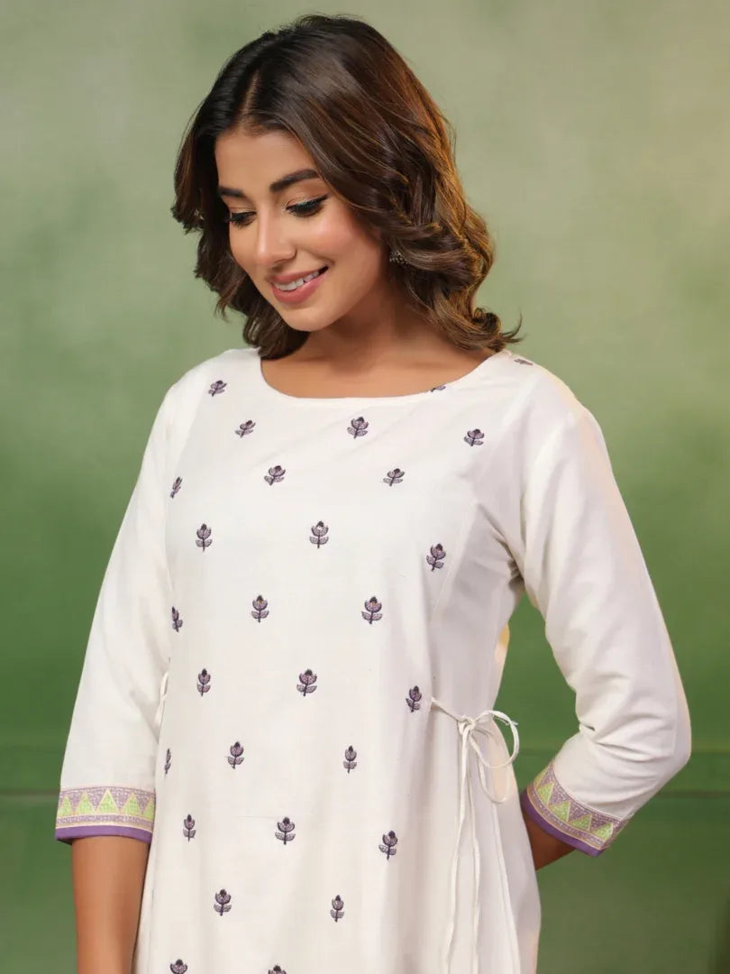 Span White Round Neck Kurta Set