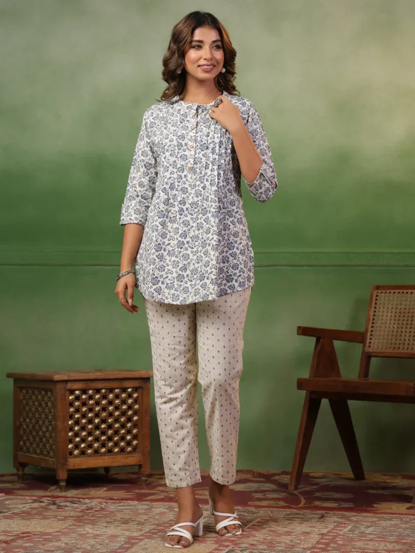 Span White Mandarin Neck Co-Ord Set (Set of 2)