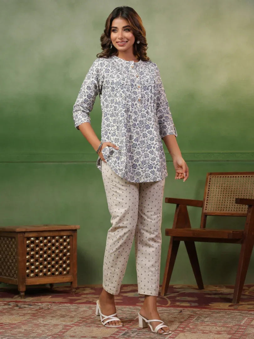 Span White Mandarin Neck Co-Ord Set (Set of 2)