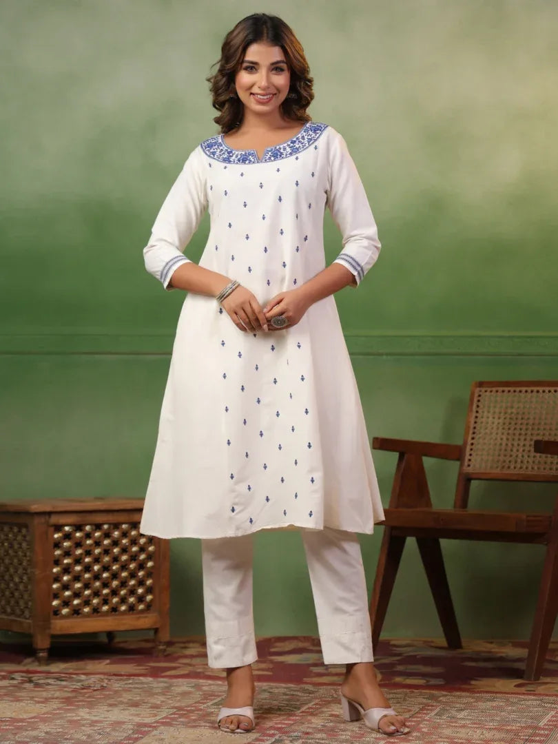 Span White Round Neck Kurta Set