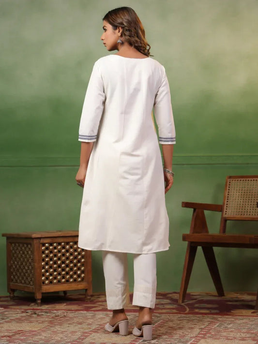 Span White Round Neck Kurta Set