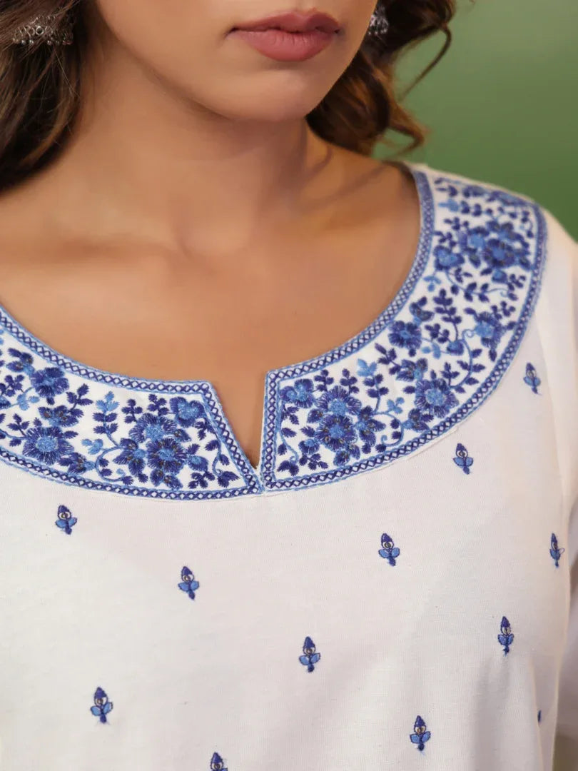 Span White Round Neck Kurta Set