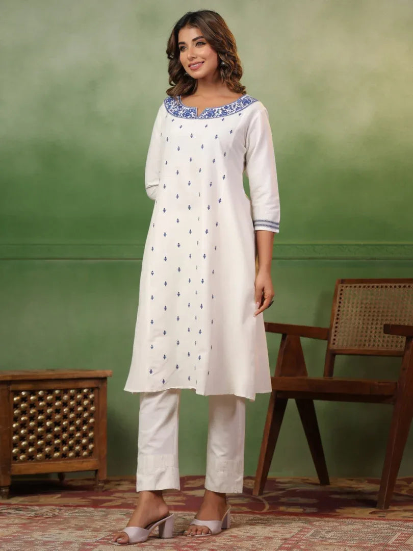 Span White Round Neck Kurta Set