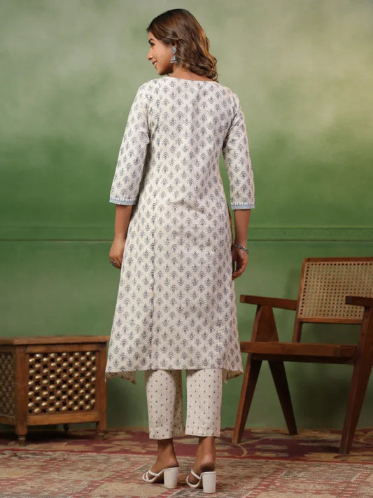 Span White Round Neck Kurta Set