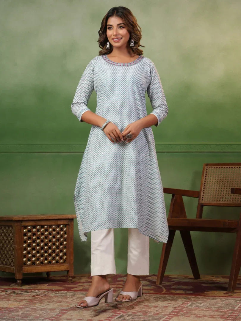 Span White Round Neck Kurta Set