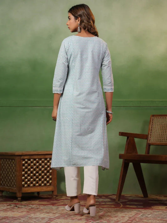 Span White Round Neck Kurta Set