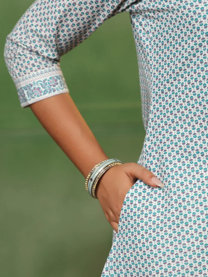 Span White Round Neck Kurta Set