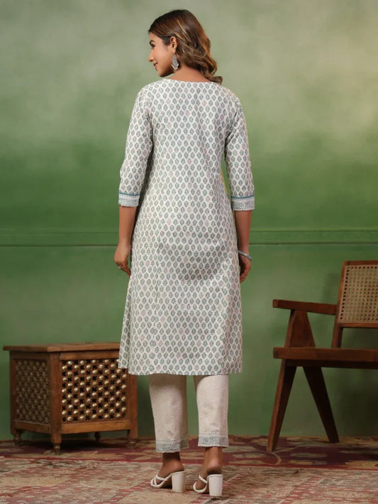 Span White V-Neck Kurta Set