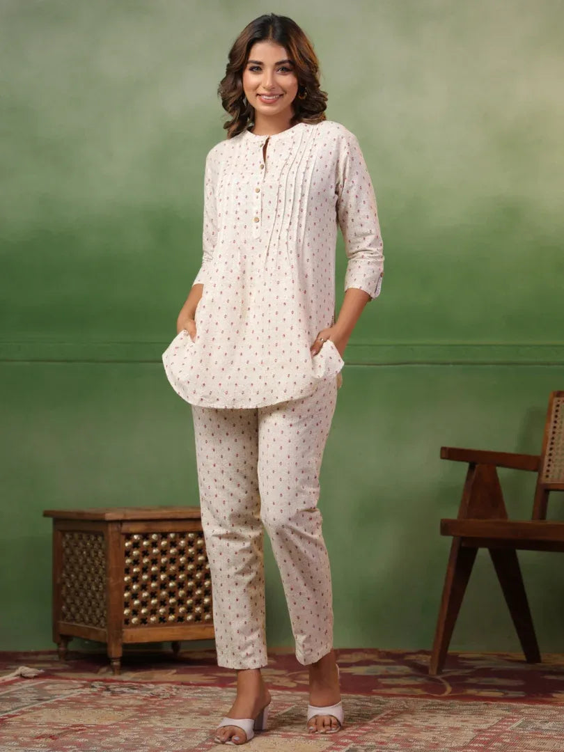Span White Mandarin Neck Co-Ord Set (Set of 2)