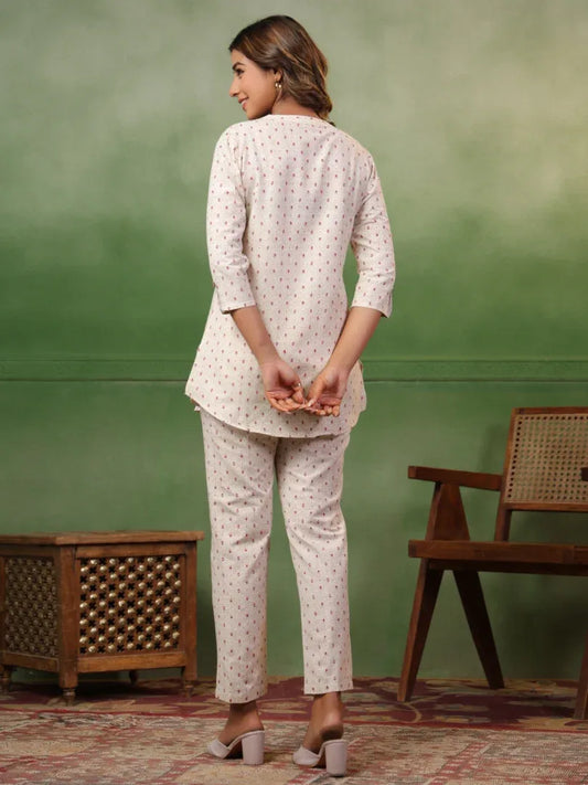 Span White Mandarin Neck Co-Ord Set (Set of 2)