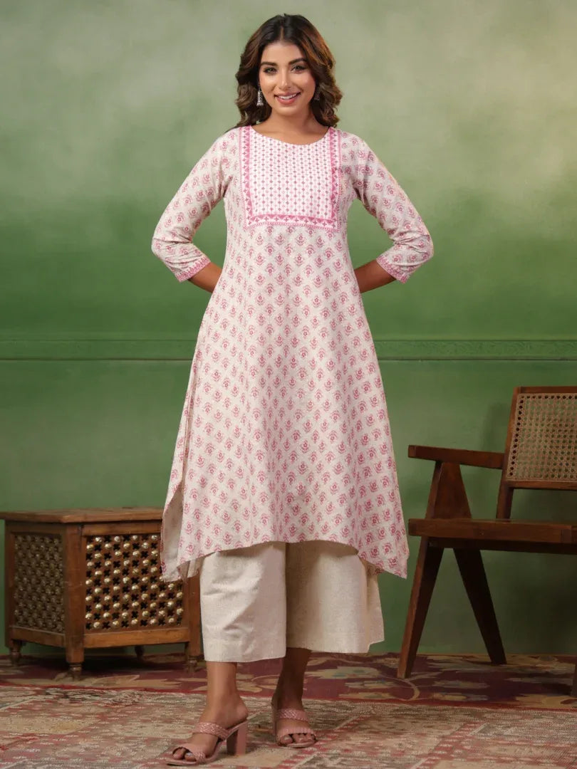 Span White Round Neck Kurta Set